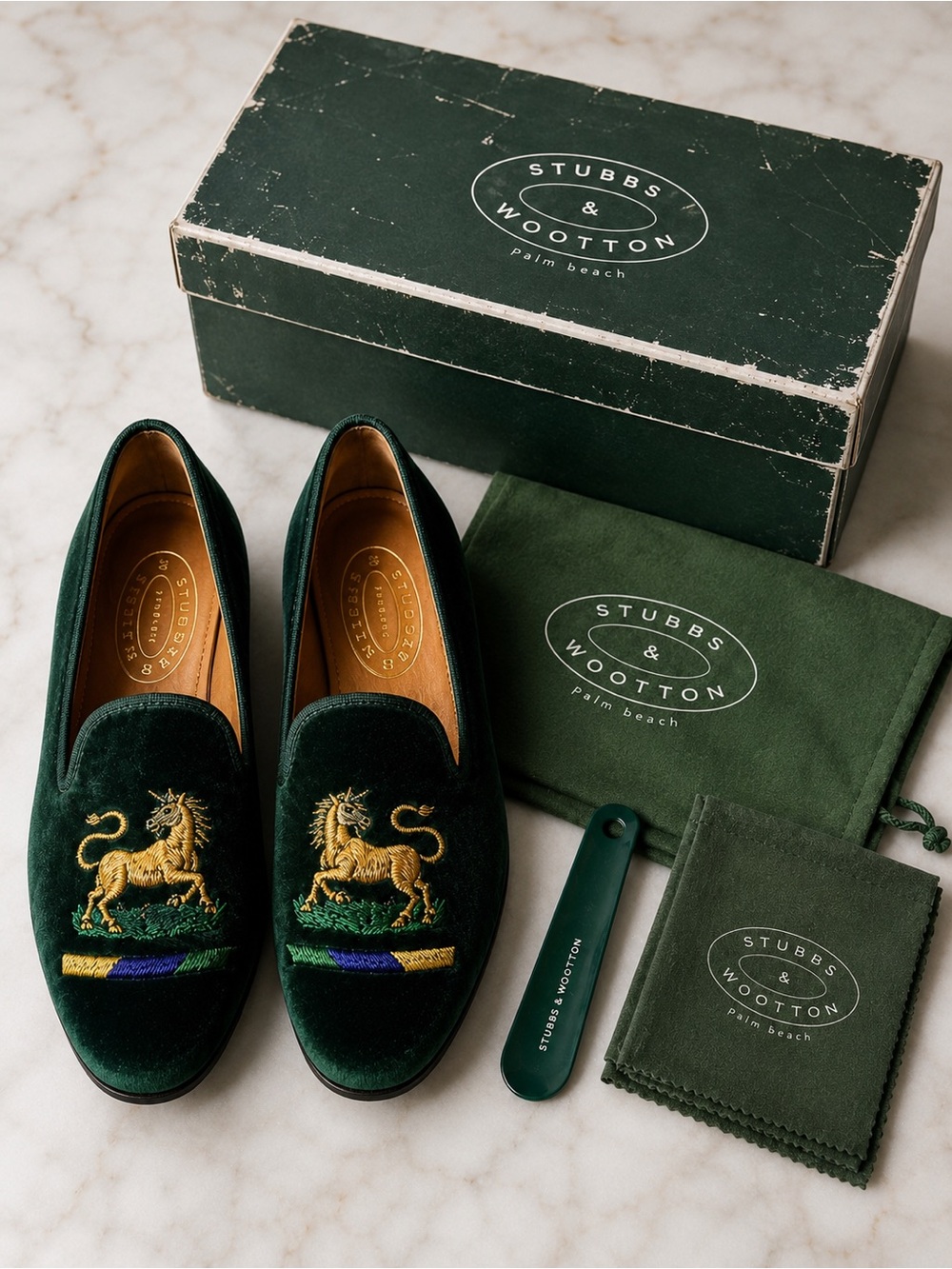 Stubbs & Wootton Unicorn Velvet Loafers Green Gold Embroidered Women 6 Full Set